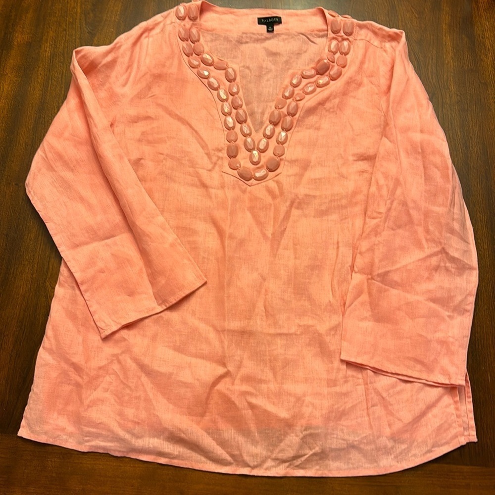Talbots 100%‎ Linen Coastal Style Pullover Pink Beaded Neckline Tunic